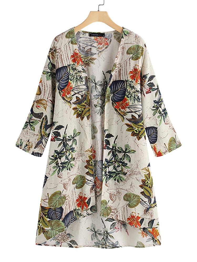 Women Long Sleeve Floral High Low Hem Cardigan