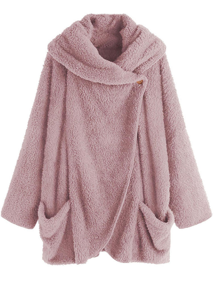 Women Solid Color Fleece Batwing Sleeve Coats with Pockets