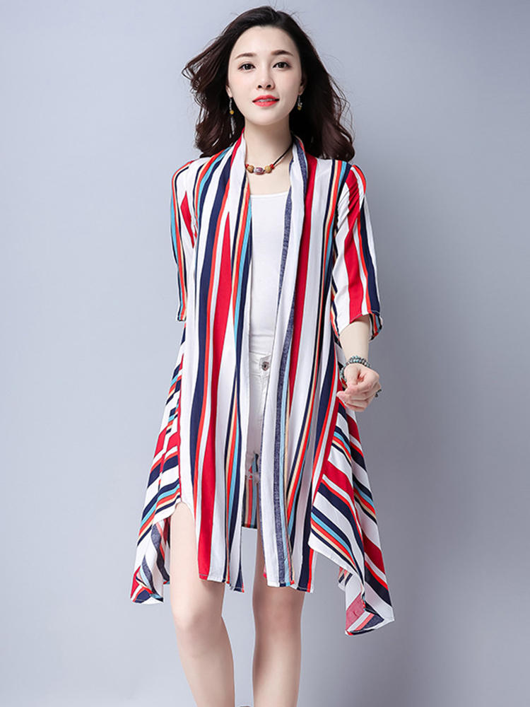 Women Colorful Striped 3/4 Sleeve Irregular Hem Cardigans