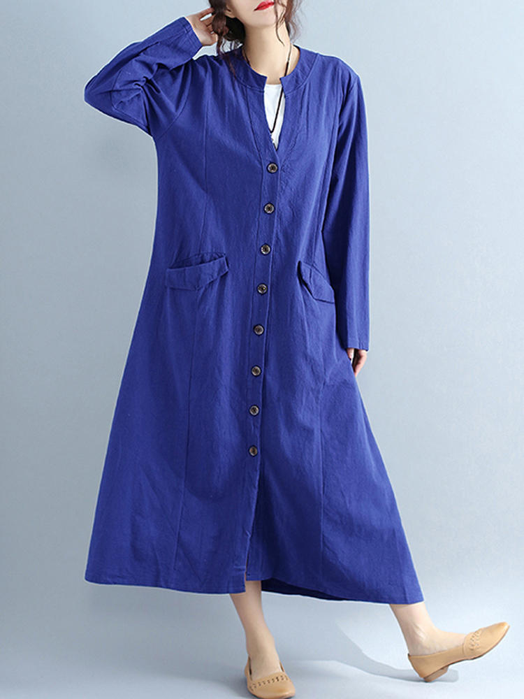 Women V Neck Buttons Open Cardigan Maxi Dress