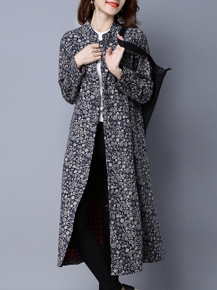 Folk Style Printing Plate Buckle Stand Collar Long Sleeve Coats