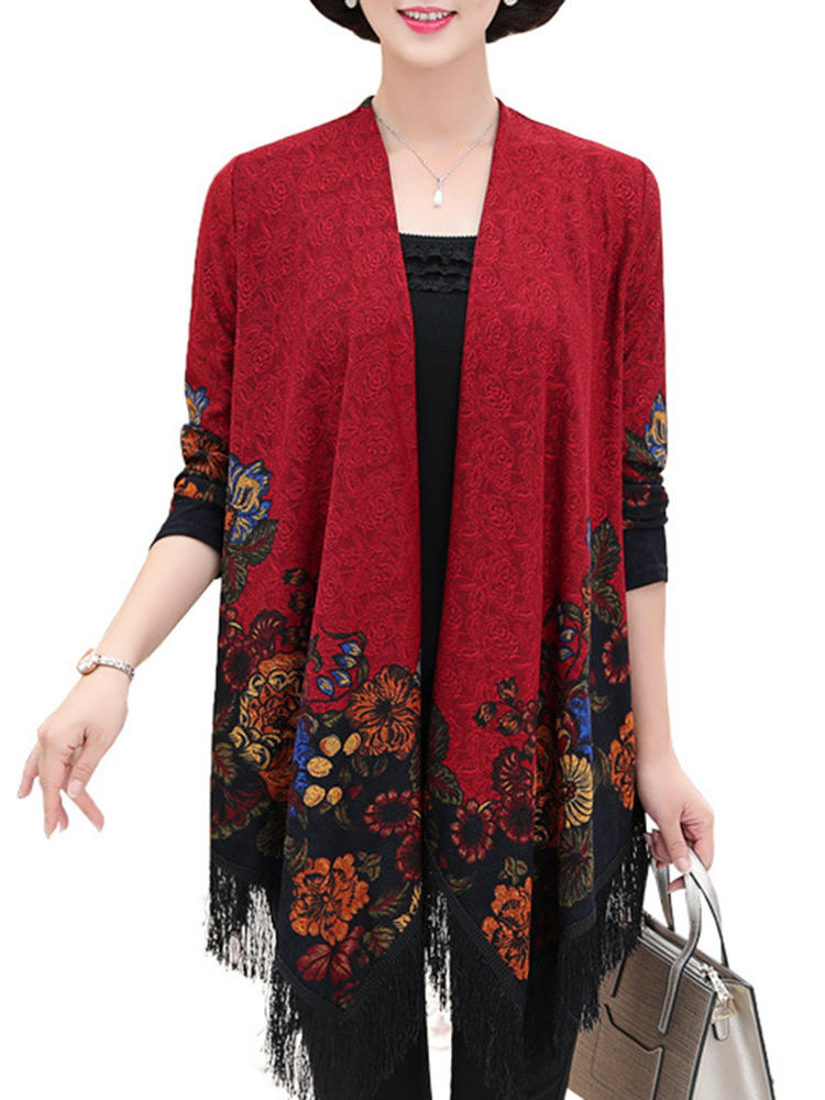 Women Floral Print Irregular Hem Long Sleeve Cardigans