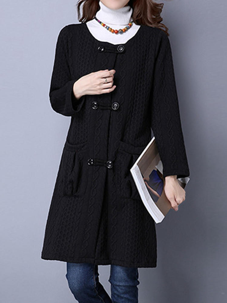 Ethnic Long Sleeve Button Loose Vintage Women Mid Long Coat