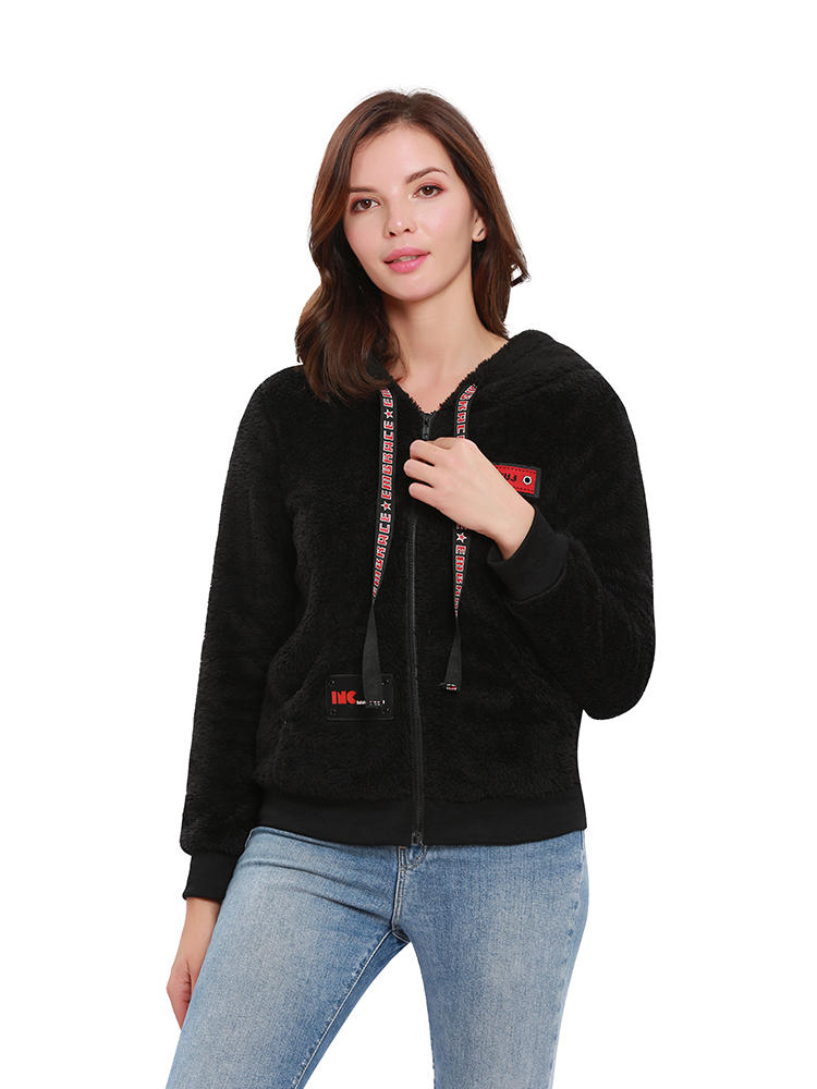 Casual Women Fleece Hooded Pockets Sweatshirt