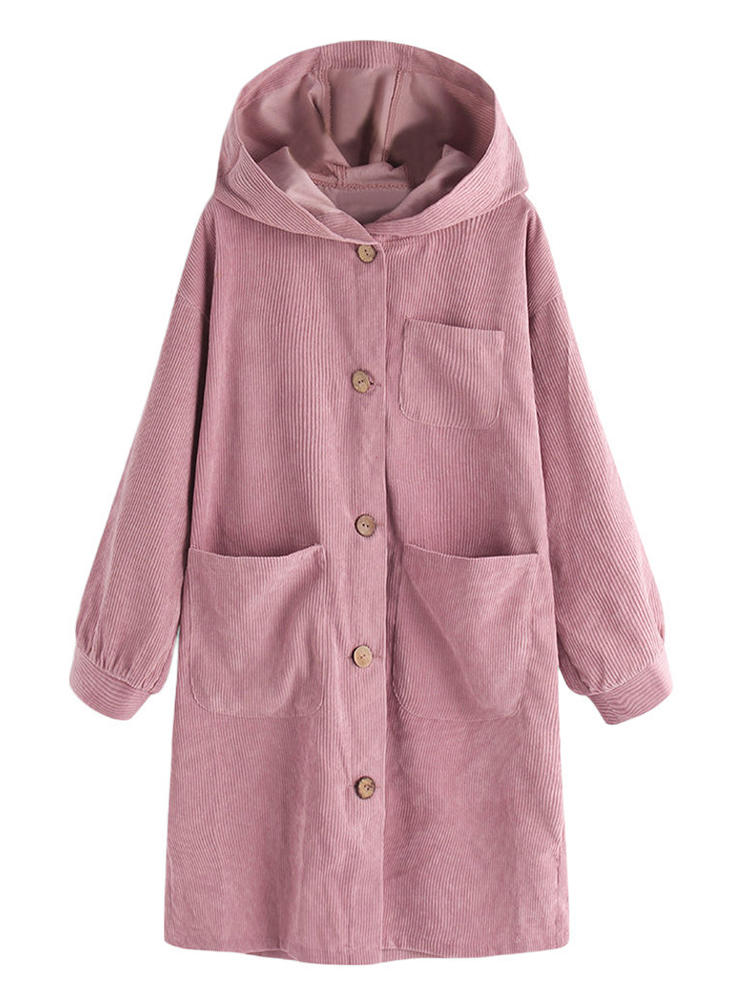 Women Long Sleeve Hooded Trench Corduroy Coats