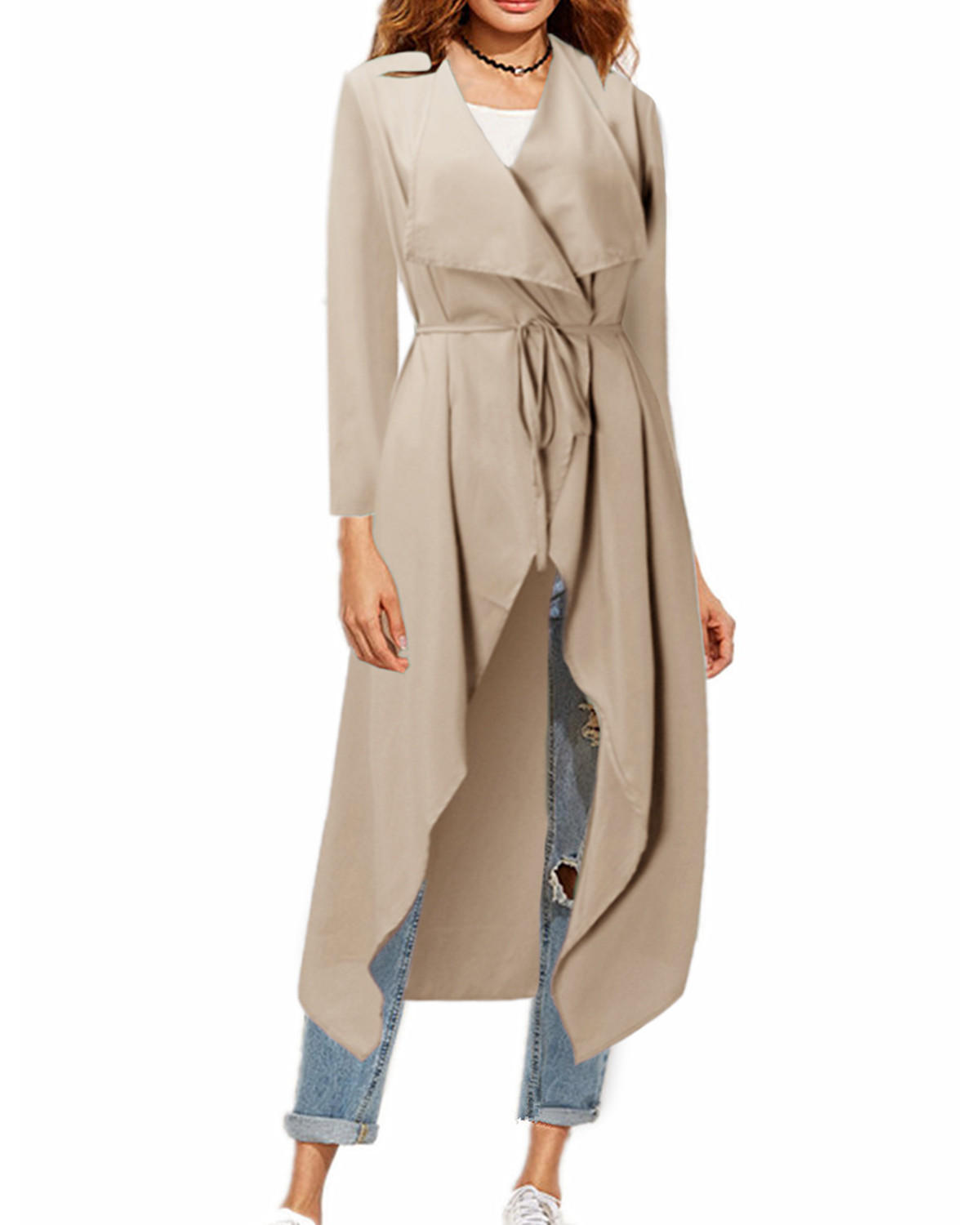 Women Long Sleeve Waterfall Cardigan Long Coats with Belt