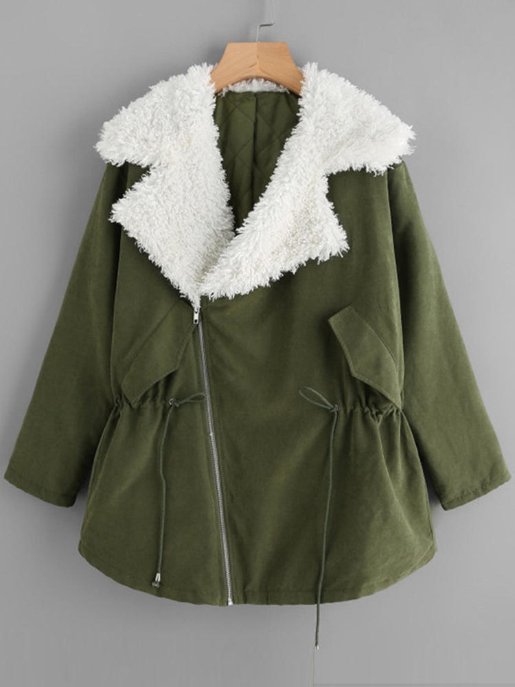 Army Green Women Long Sleeve Zipper Lapel Thick Winter Coat