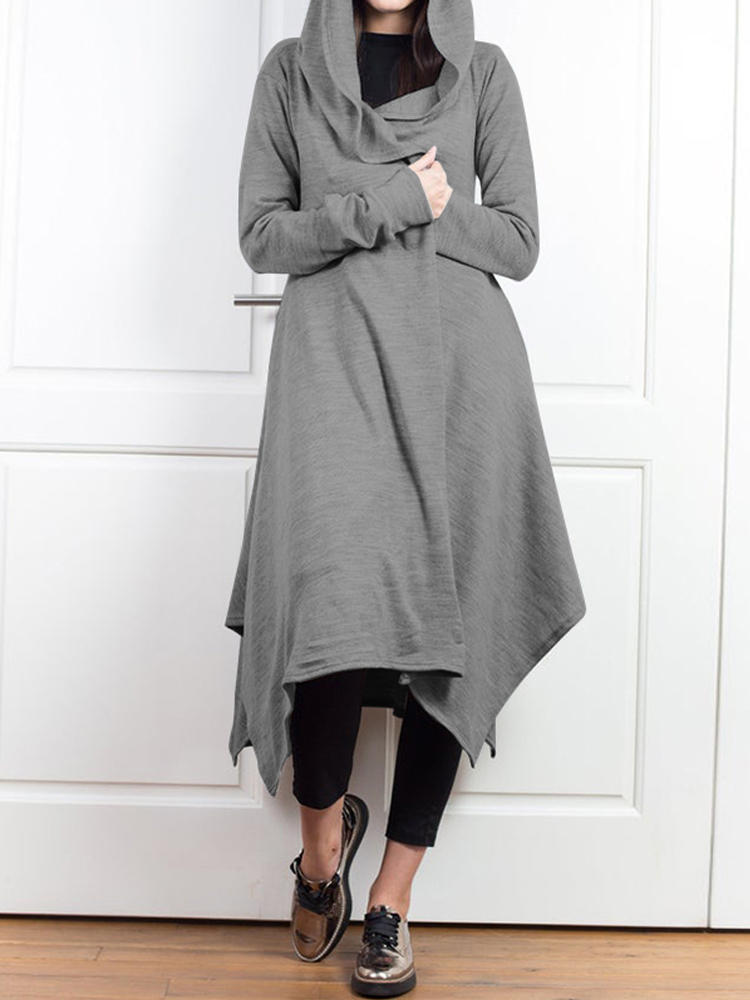 Solid Color Open Front Irregular Hem Hooded Cardigans