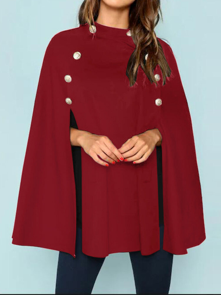 Women British Style Solid Color Button Loose Elegant Cloak