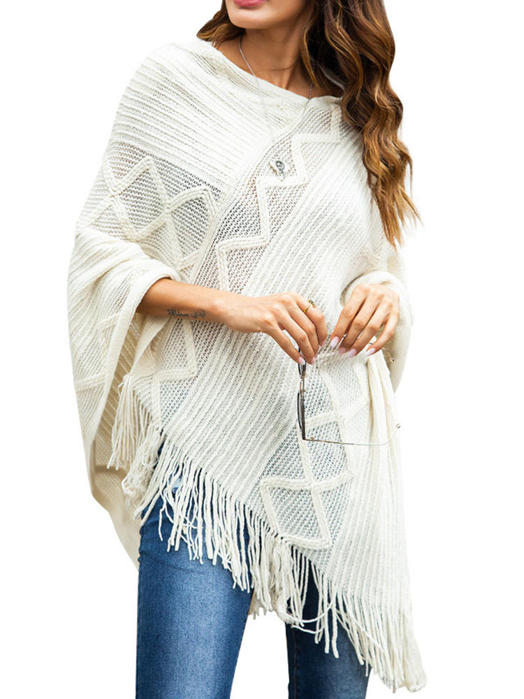 Women Pure Color Geometric Loose Knit Shawl Tassel Sweater