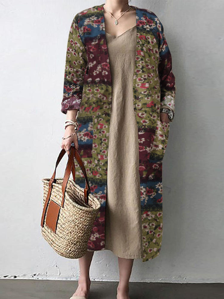 Open Front Floral Print Cotton Cardigans