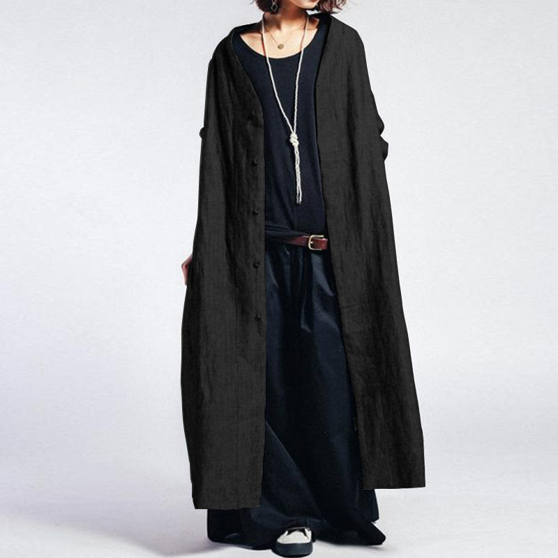 Women Solid Color Vintage Button Casual Long Coats