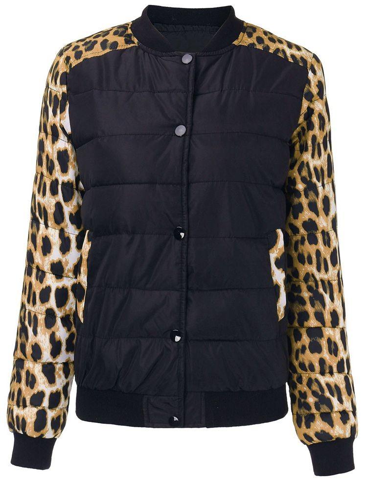 Women Patchwork Leopard Printed Long Sleeve Down Coat