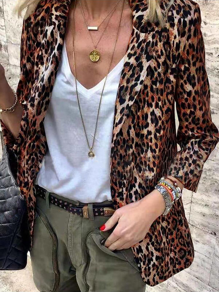 Turn Down Collar Casual Loose Leopard Print Blazer Coats