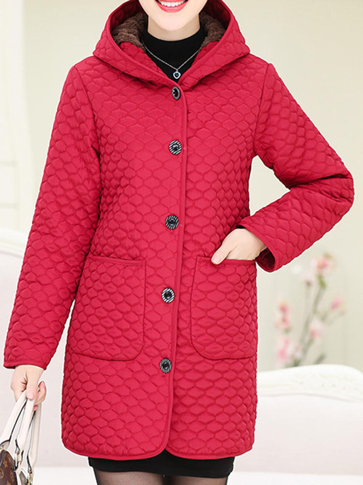 Women Pure Color Fleece Thicken Hooded Long Sleeve Coats