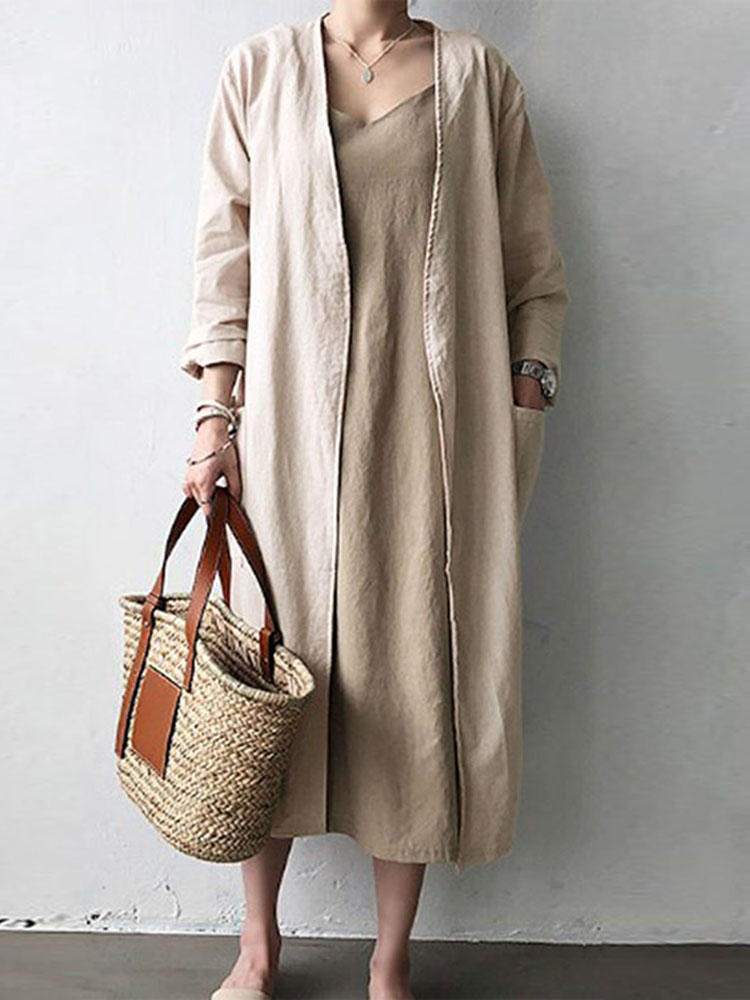 Women Solid Color Casual Cotton Long Cardigans with Pockets