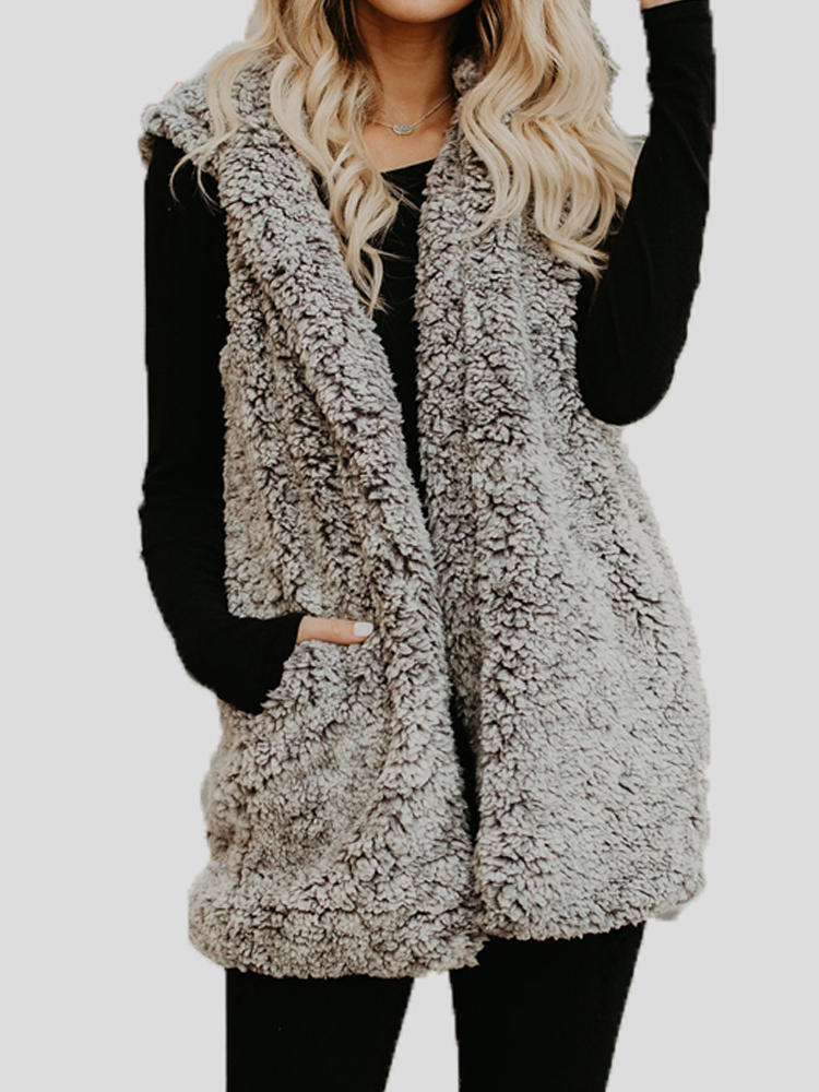 Solid Sleeveless Hooded Fluffy Fur Coat