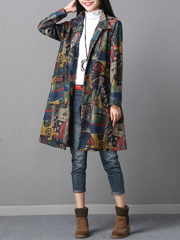 Vintage Graffiti Printed Women Coat