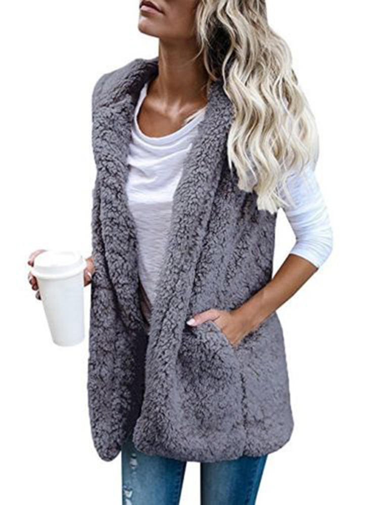 Women Pure Color Sleeveless Hooded Pockets Baggy Cardigans