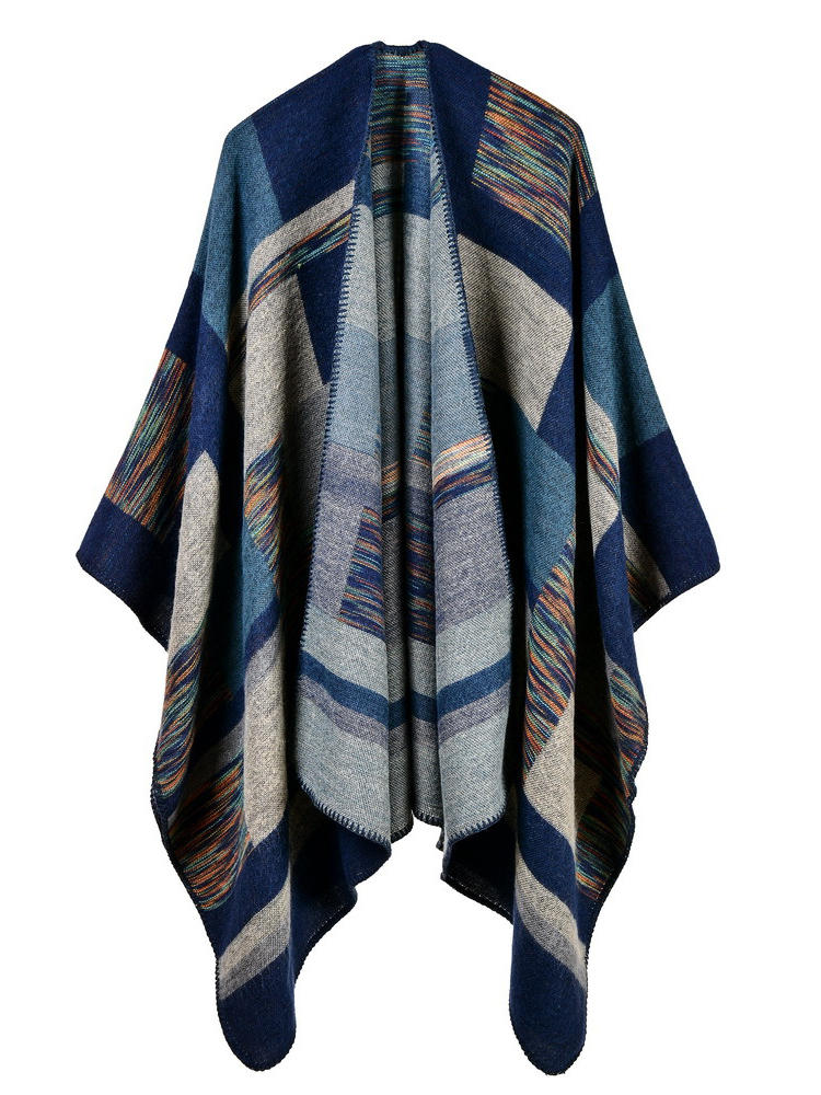 Women Sleeveless Color Block Blanket Winter Wrap