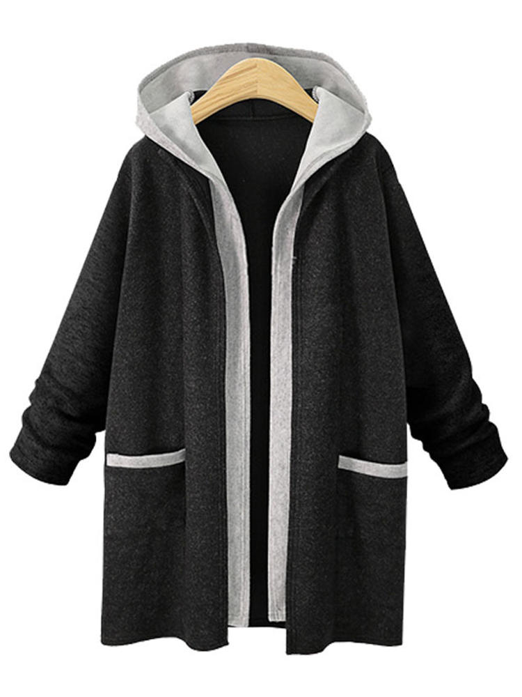 Women Hooded Contrast Color Cardigan