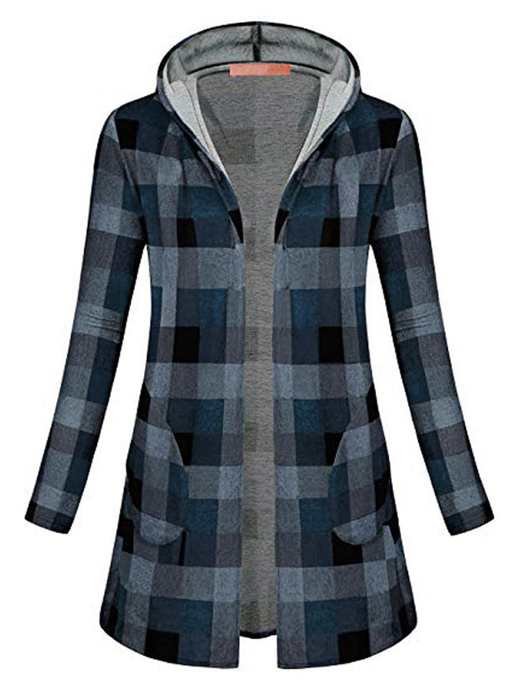 Women Casual Plaid Hooded Long Sleeve Hooded Coats