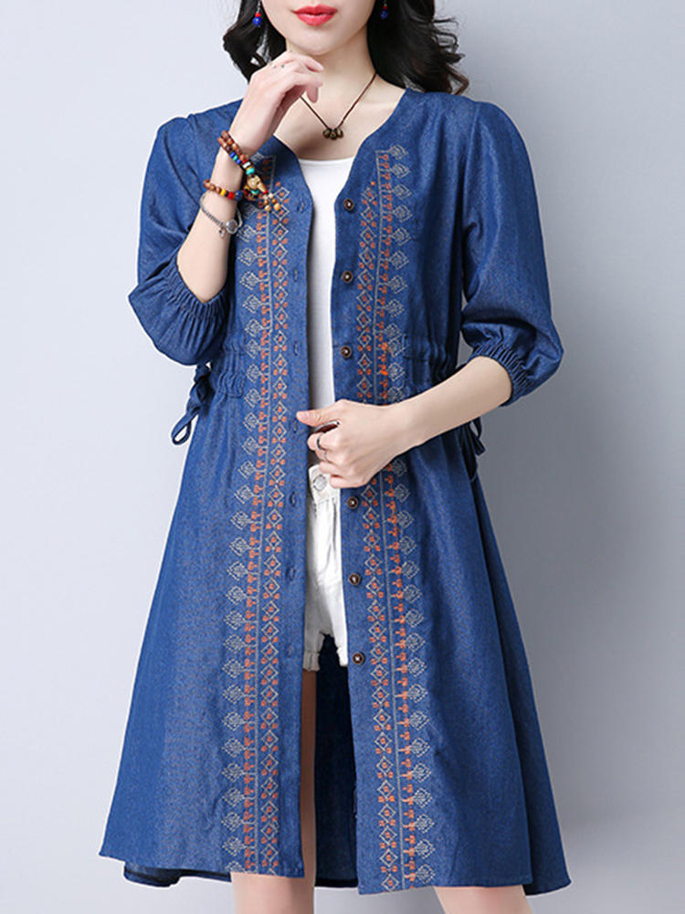 Vintage Women Embroidered V-Neck Button Up Denim Cardigan