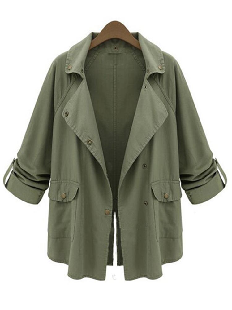 Women Army Green Fold Sleeve Loose Button Pockets Cardigan