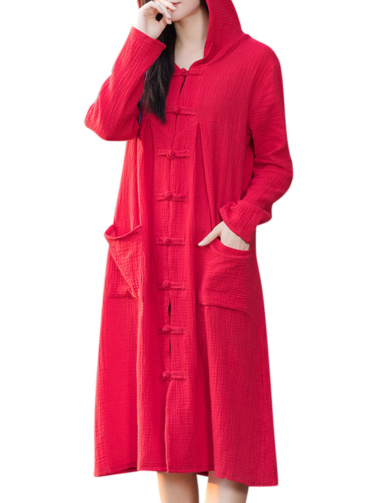 Women Vintage Plate Buckle Pocket Long Sleeve Hooded Coats