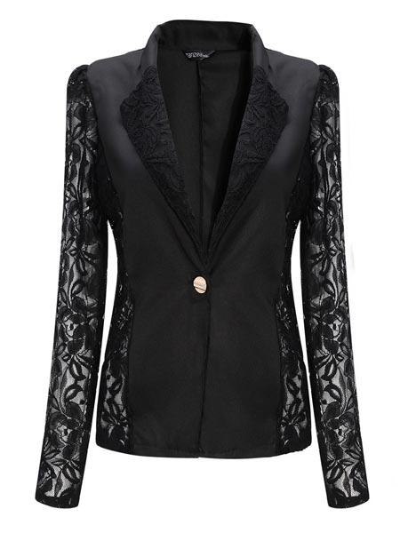 Casual Long Sleeve Lace Splicing Floral V-Neck Blazer