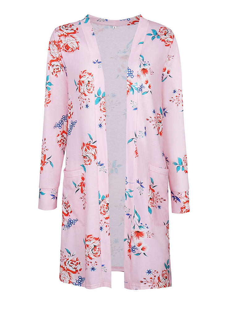 Floral Print Pocket Loose Long Sleeve Women Cardigans