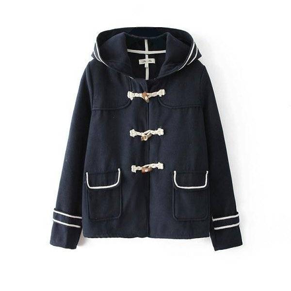 Women Casual Navy Wind Hooded Female Horn Button Woolen Coat