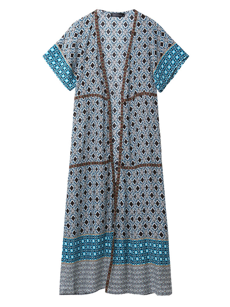 Casual Loose Women Geometric Printed Short Sleeve Beach Long Cardigans