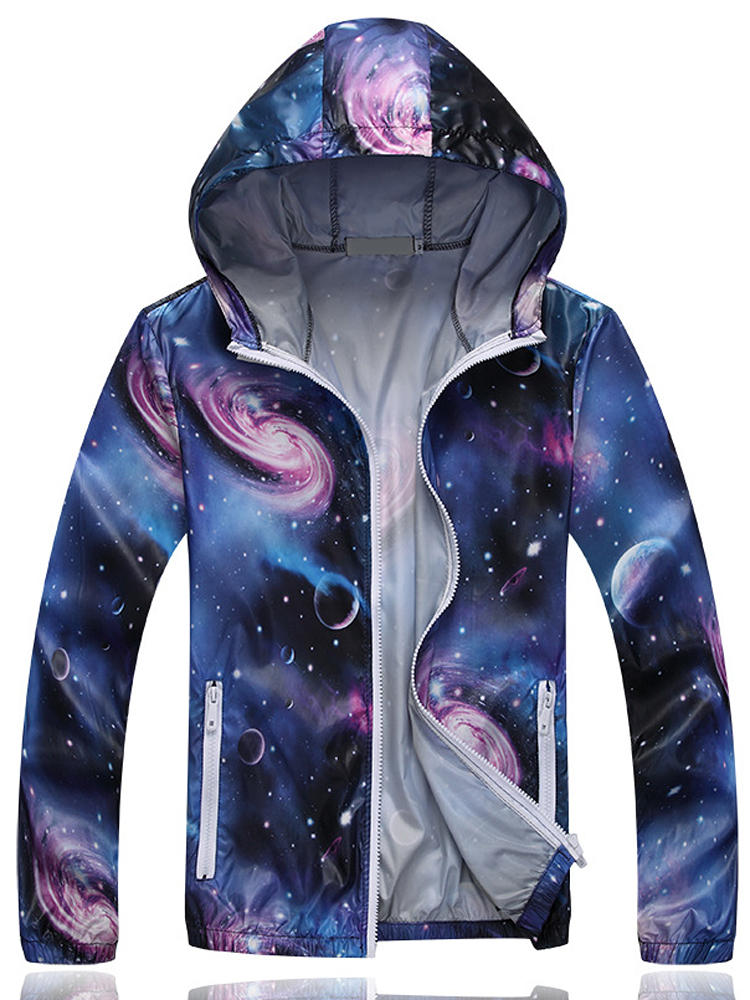 Thin Galaxy Print Outdoor Wicking Sun Protection Loose Long Sleeve Hooded Jacket