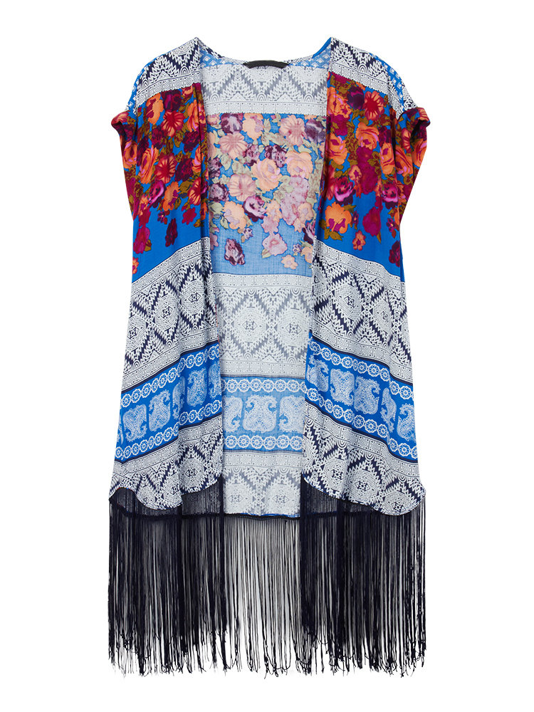 Bohemian Printed Tassels Women Beach Cardigan Short Sleeve